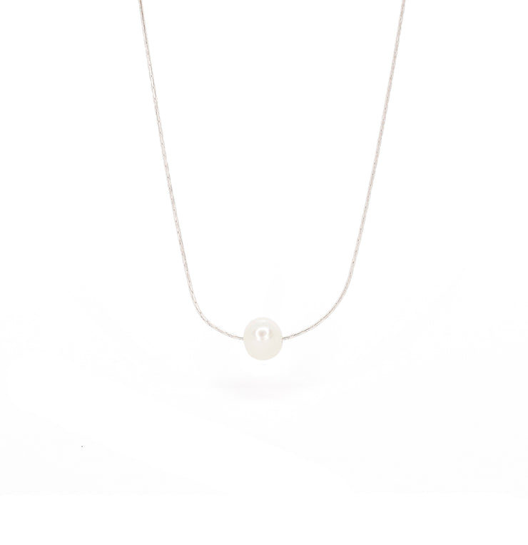 silver dainty necklace chain with single freshwater pearl
