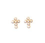 Small gold cross shaped studded earrings made of 6 small pearls set in gold.