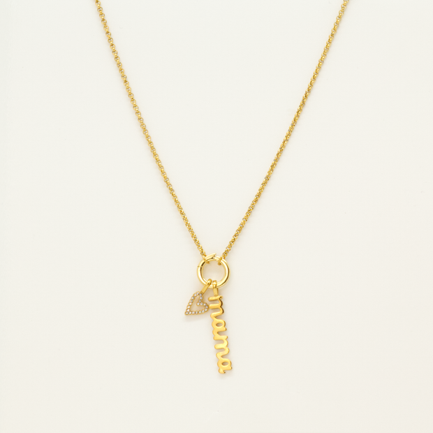 A gold necklace with the word “Mama” on it