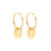Two gold puka shell earrings that are dainty hoops.