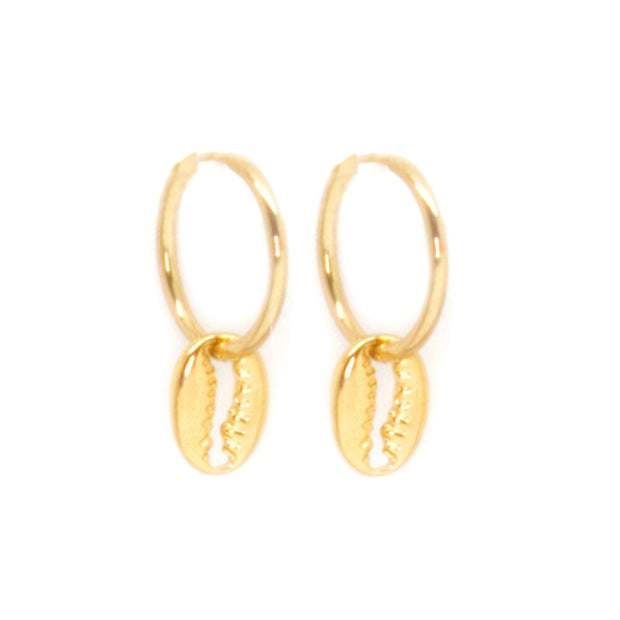 Two gold puka shell earrings that are dainty hoops.