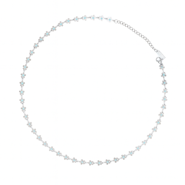 silver flower choker with blue dots in the middle of each flower