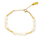 gold beaded bracelet with small white shells