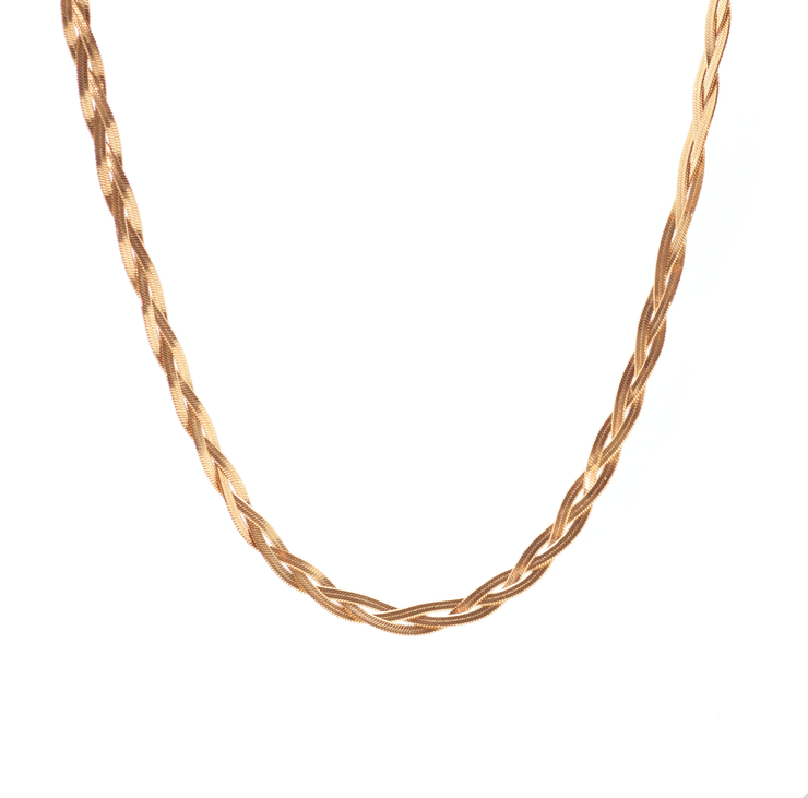 Gold herringbone style necklace with three chains intertwined in a braided pattern. 
