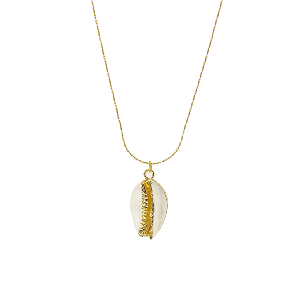 Gold cowrie shell necklace on a dainty gold chain