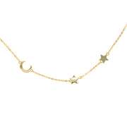 Gold necklace chain with small crescent moon charm and two star charms.