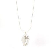 Silver cowrie shell necklace on a dainty silver chain.